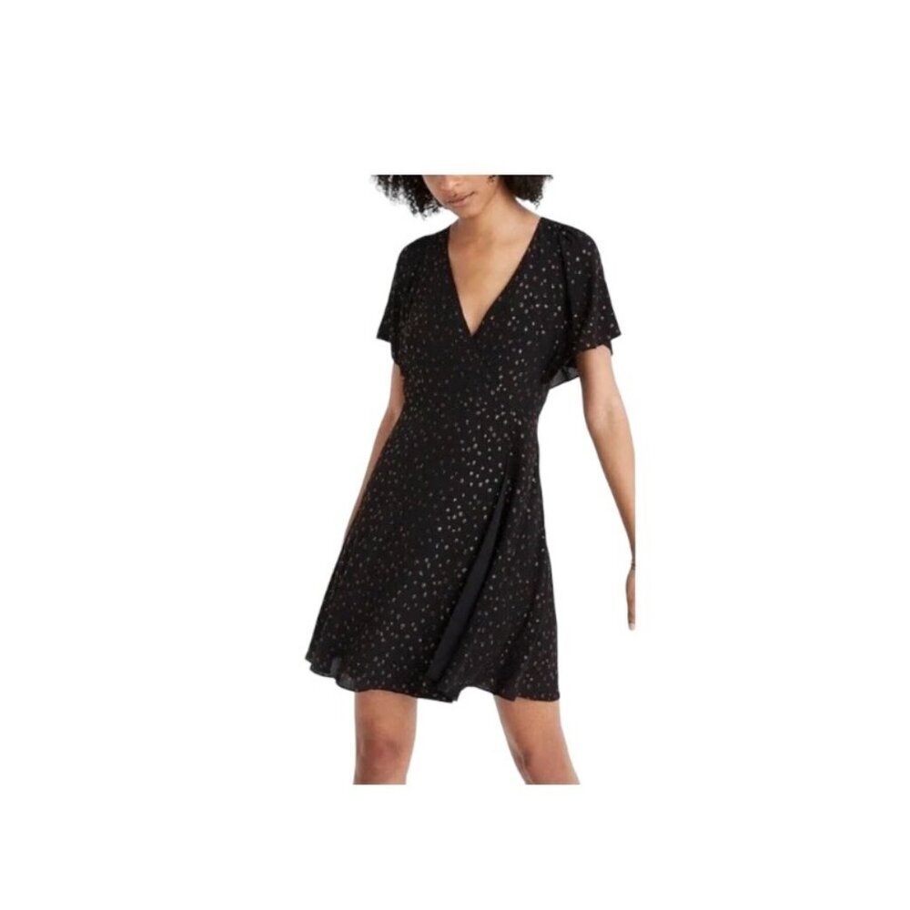 Madewell Black V-Neck Midi Dress with Subtle Dot Print
